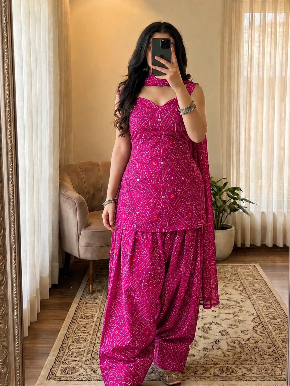 Women’s Premium Cotton Bandhani Jaipuri Print Suit Set | Mirror Work Sweetheart Neck Kurti with Flared Patiala Salwar & Dupatta