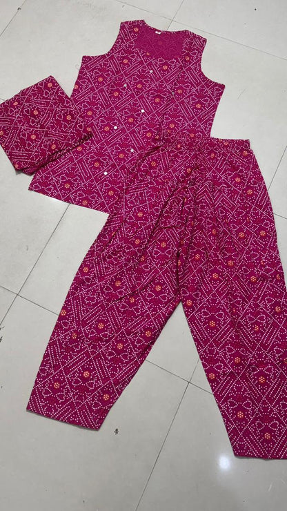 Women’s Premium Cotton Bandhani Jaipuri Print Suit Set | Mirror Work Sweetheart Neck Kurti with Flared Patiala Salwar & Dupatta