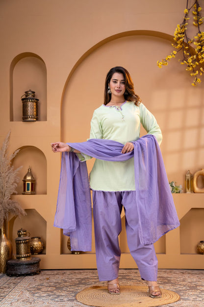 Women’s Premium Cotton 60/60 Square Neck Kurta Salwar Dupatta Set | Pistachio Green & Lavender 3-Piece Suit