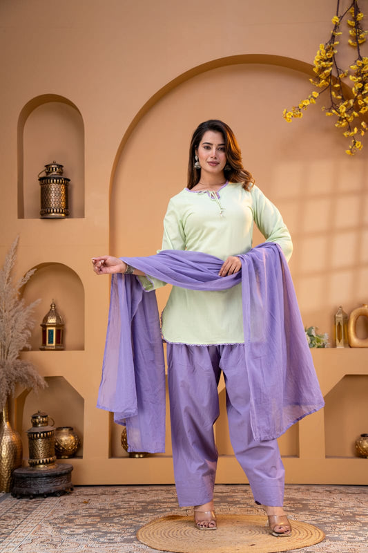 Women’s Premium Cotton 60/60 Square Neck Kurta Salwar Dupatta Set | Pistachio Green & Lavender 3-Piece Suit