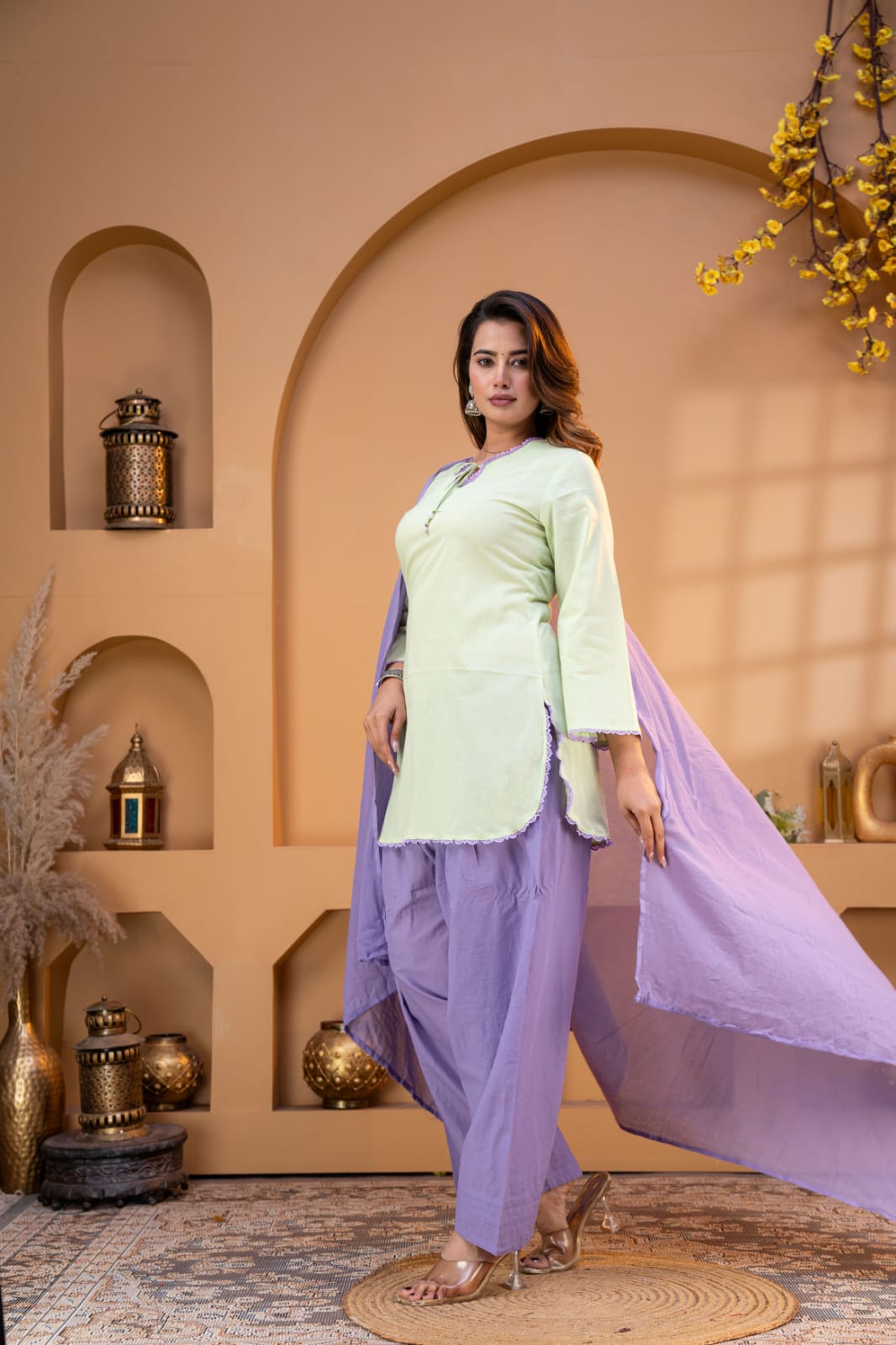 Women’s Premium Cotton 60/60 Square Neck Kurta Salwar Dupatta Set | Pistachio Green & Lavender 3-Piece Suit