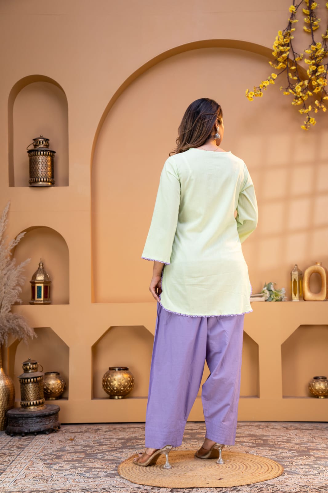Women’s Premium Cotton 60/60 Square Neck Kurta Salwar Dupatta Set | Pistachio Green & Lavender 3-Piece Suit